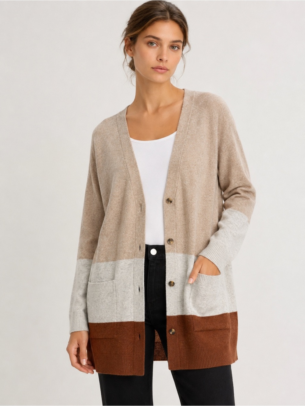 J. Jill Long Cardigan Cotton Sweater Colorblock Stripe Neutral Colors Size L *J